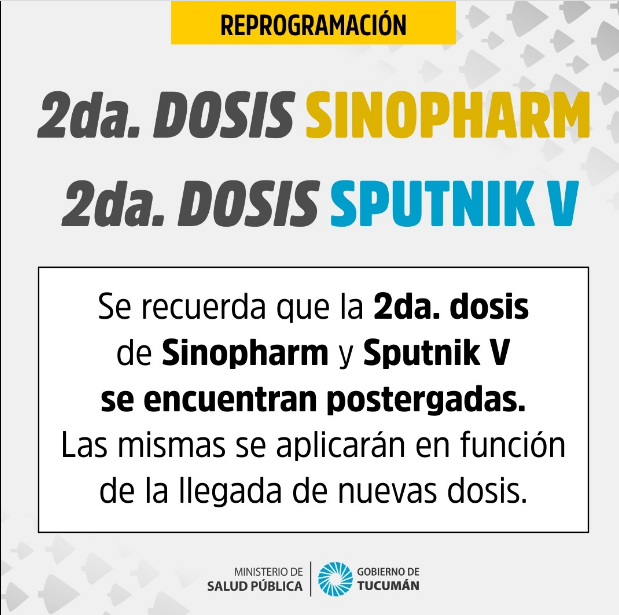 Reprograman la segunda dosis de vacunación de Sinopharm y Sputnik V -  Comunicación Tucumán